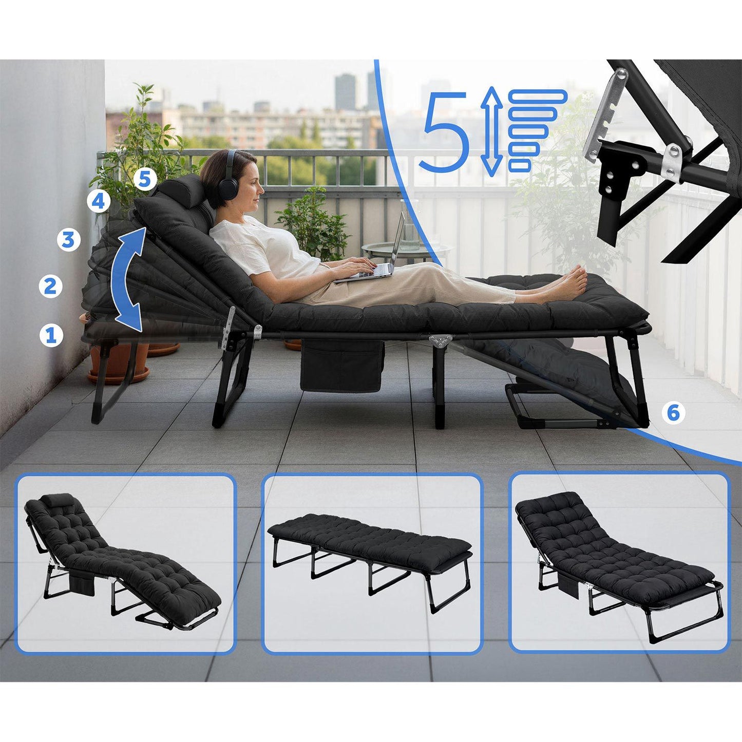 Folding Camping Bed with Adjustable Recline – Black