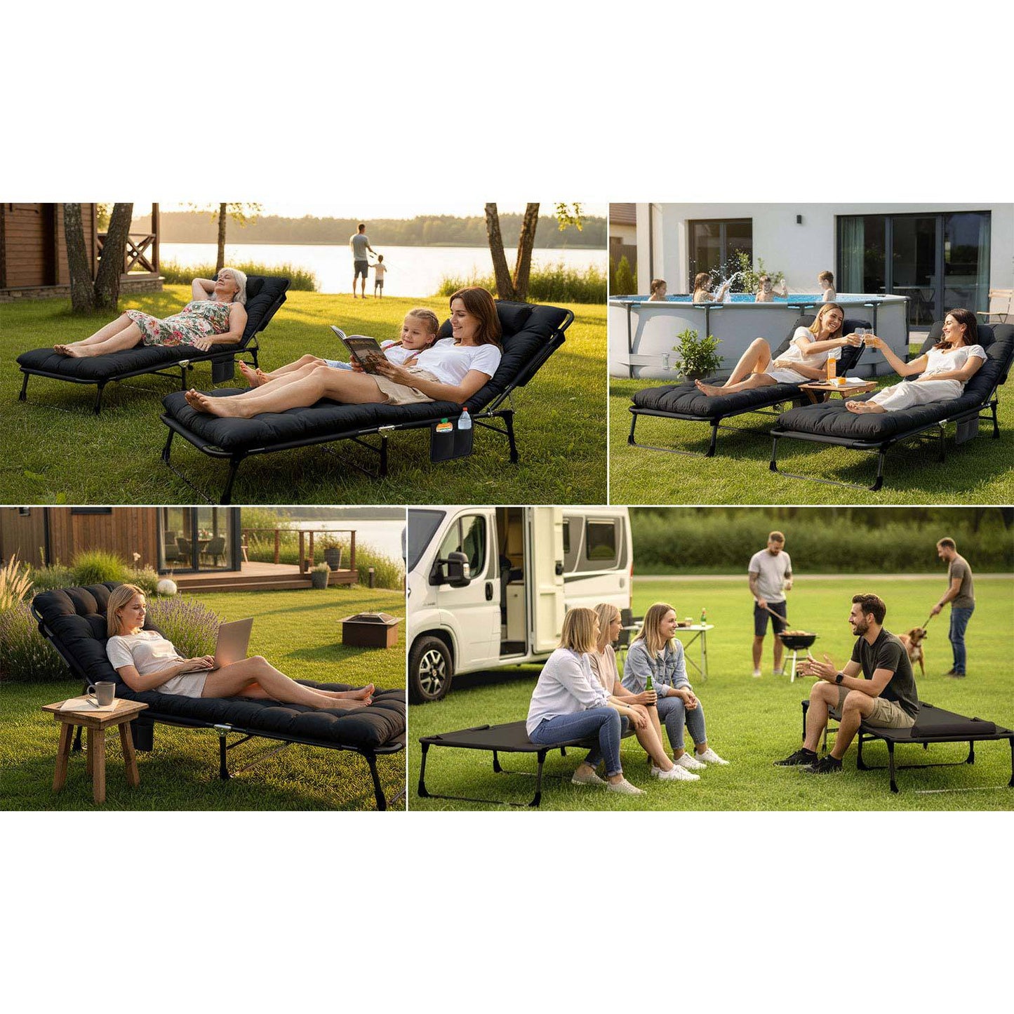 Folding Camping Bed with Adjustable Recline – Black