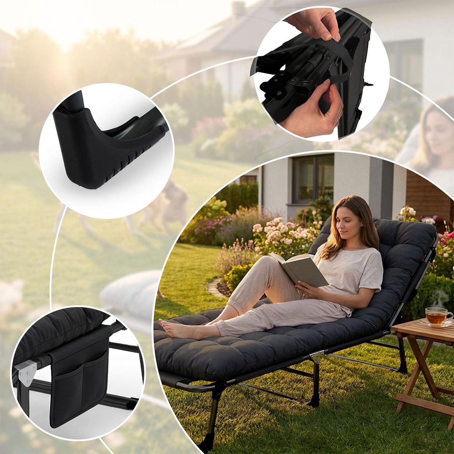 Folding Camping Bed with Adjustable Recline – Black