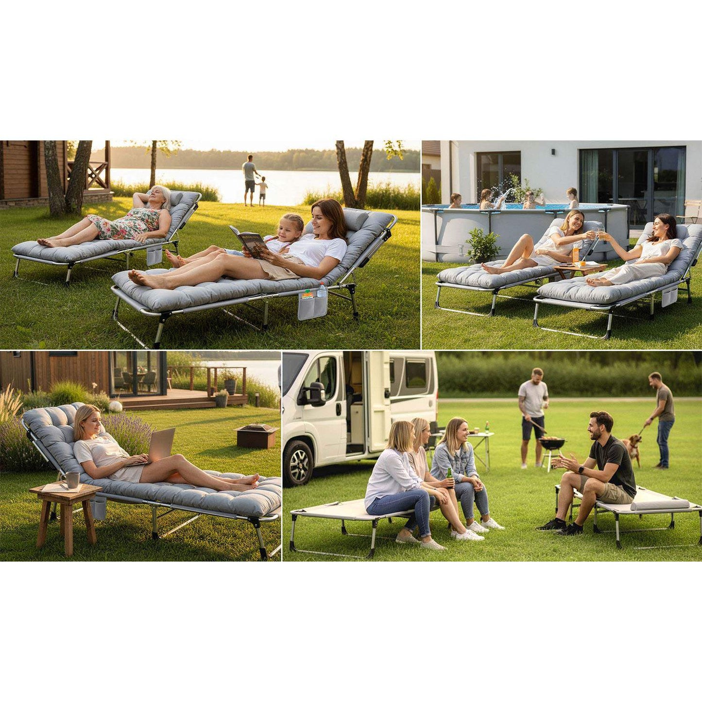 Folding Camping Bed with Adjustable Recline – Grey