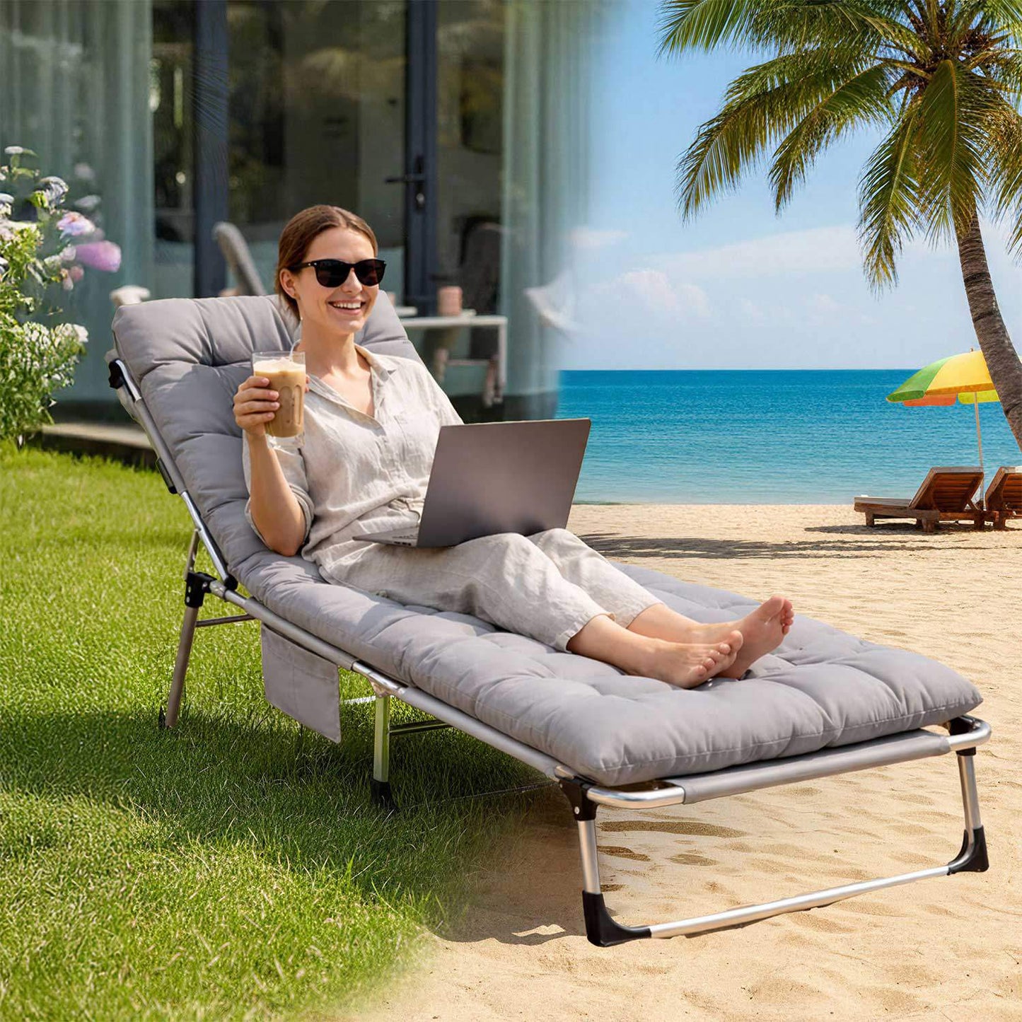 Folding Camping Bed with Adjustable Recline – Grey