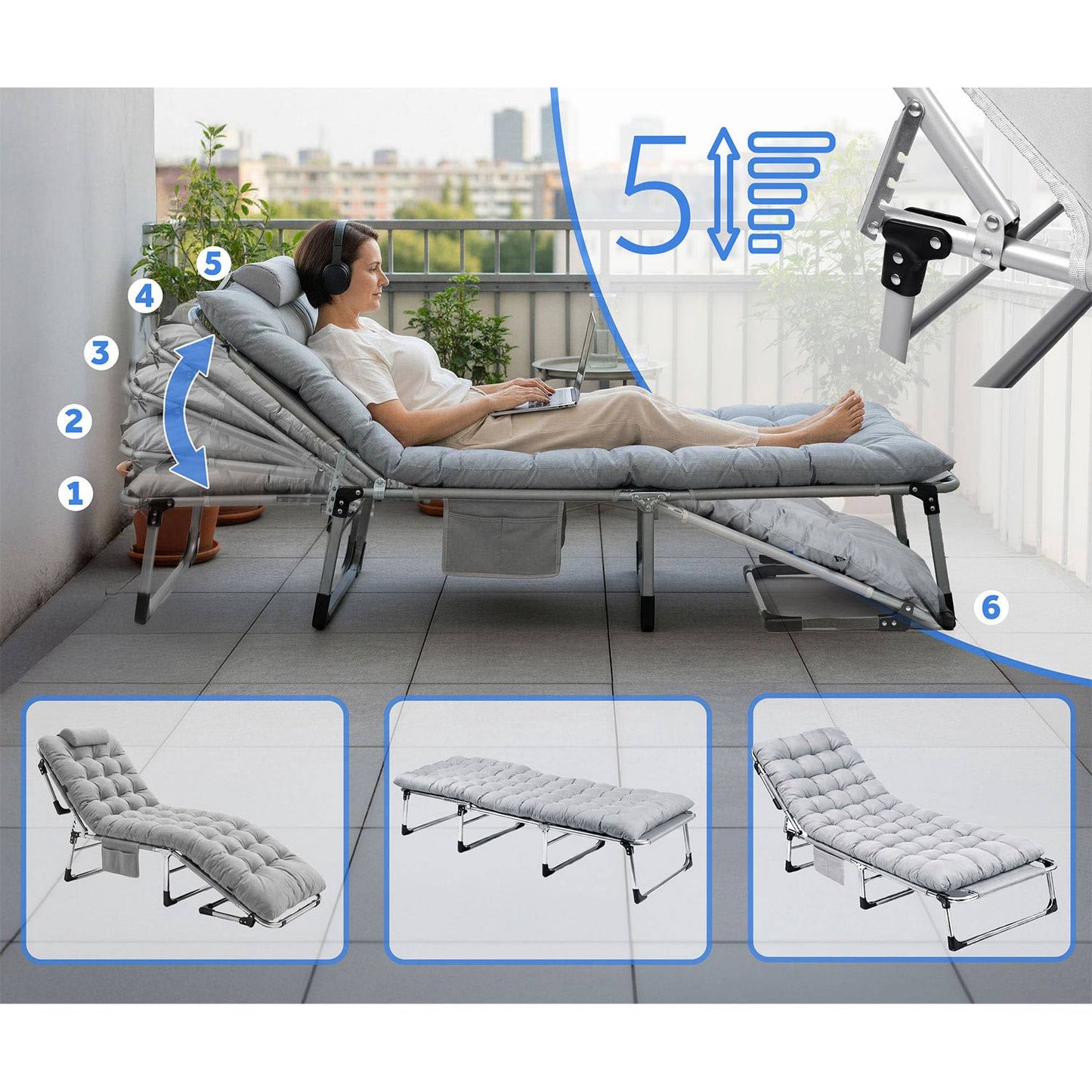 Folding Camping Bed with Adjustable Recline – Grey