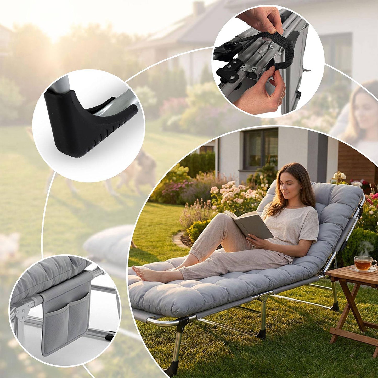 Folding Camping Bed with Adjustable Recline – Grey