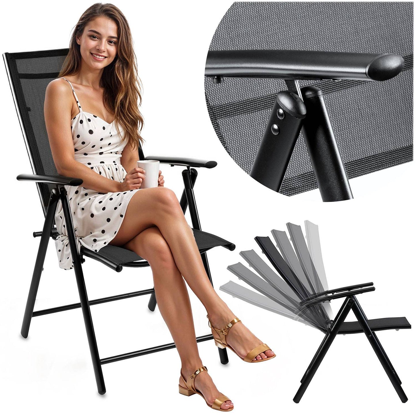 Folding Garden Chair, Black, Adjustable Backrest, Textilene