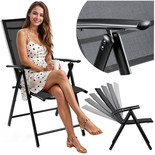 Folding Garden Chair, Black, Adjustable Backrest, Textilene
