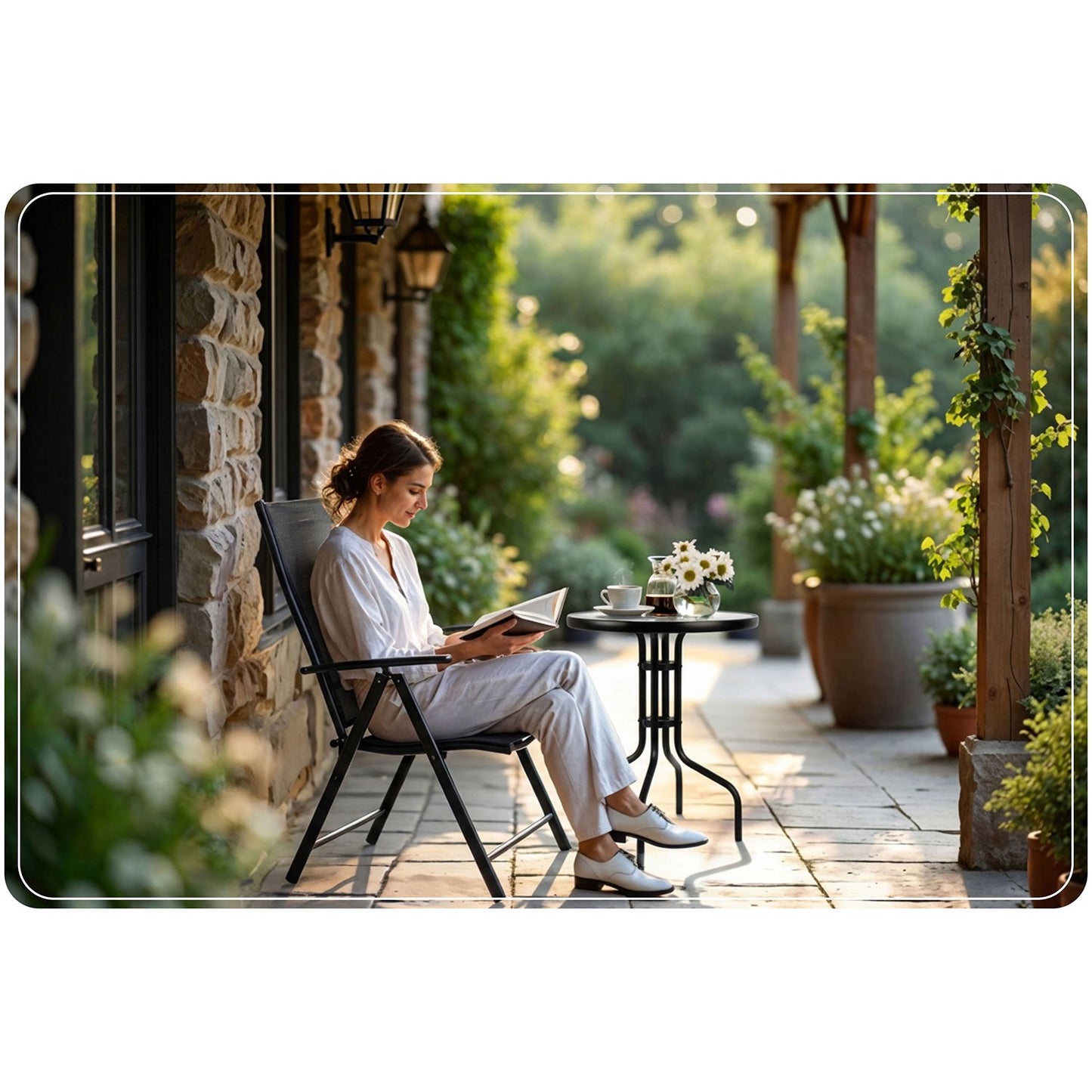 Folding Garden Chair, Black, Adjustable Backrest, Textilene