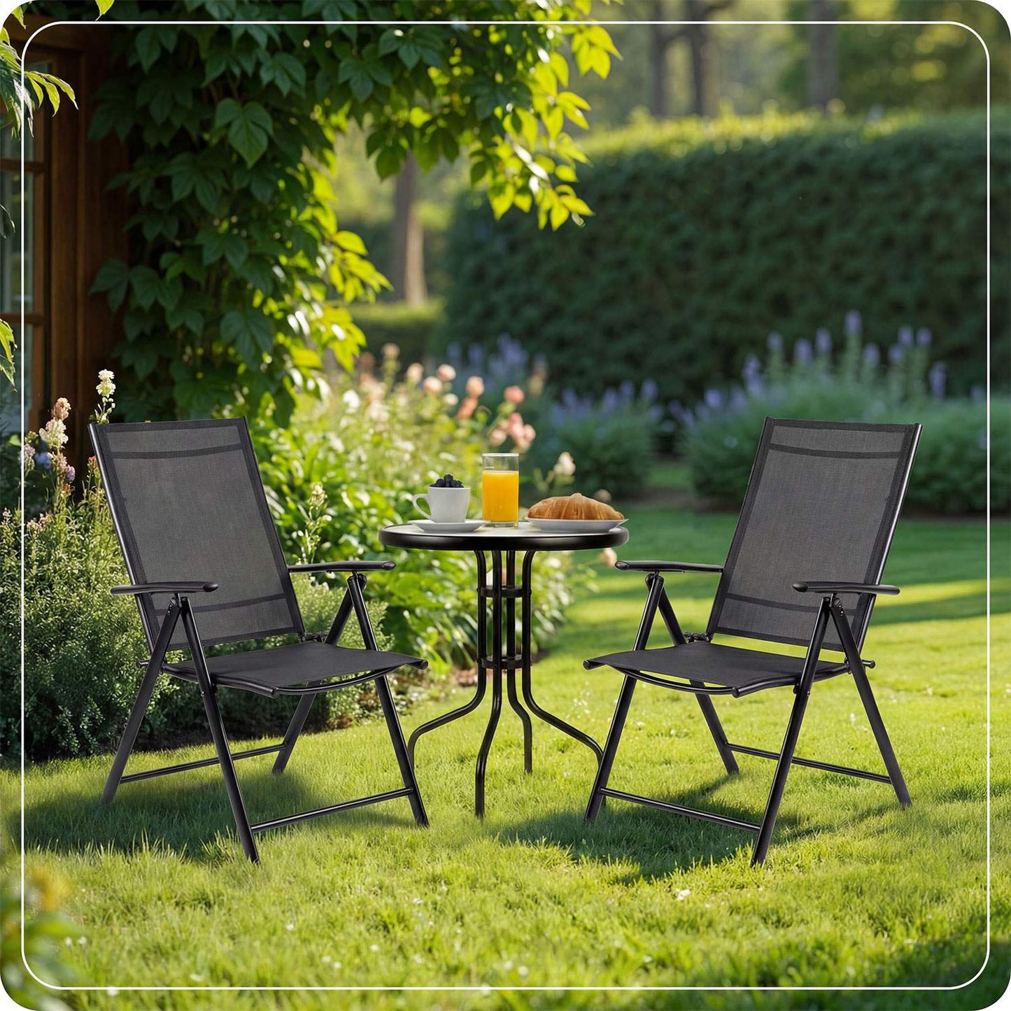 Folding Garden Chairs Set of 2, Black, Adjustable Recline