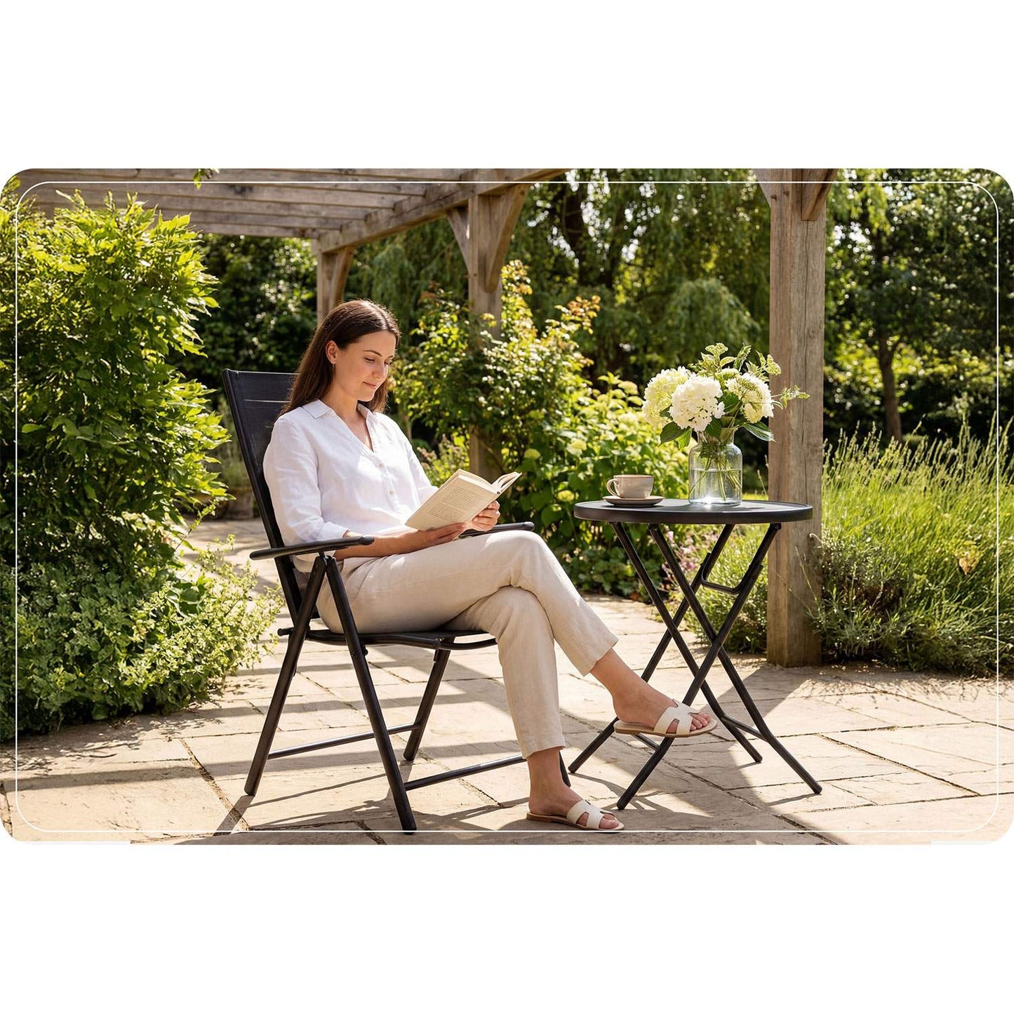 Folding Garden Chairs Set of 2, Black, Adjustable Recline