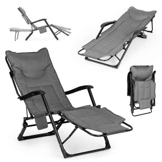 Folding Garden Lounger with Adjustable Footrest, Grey