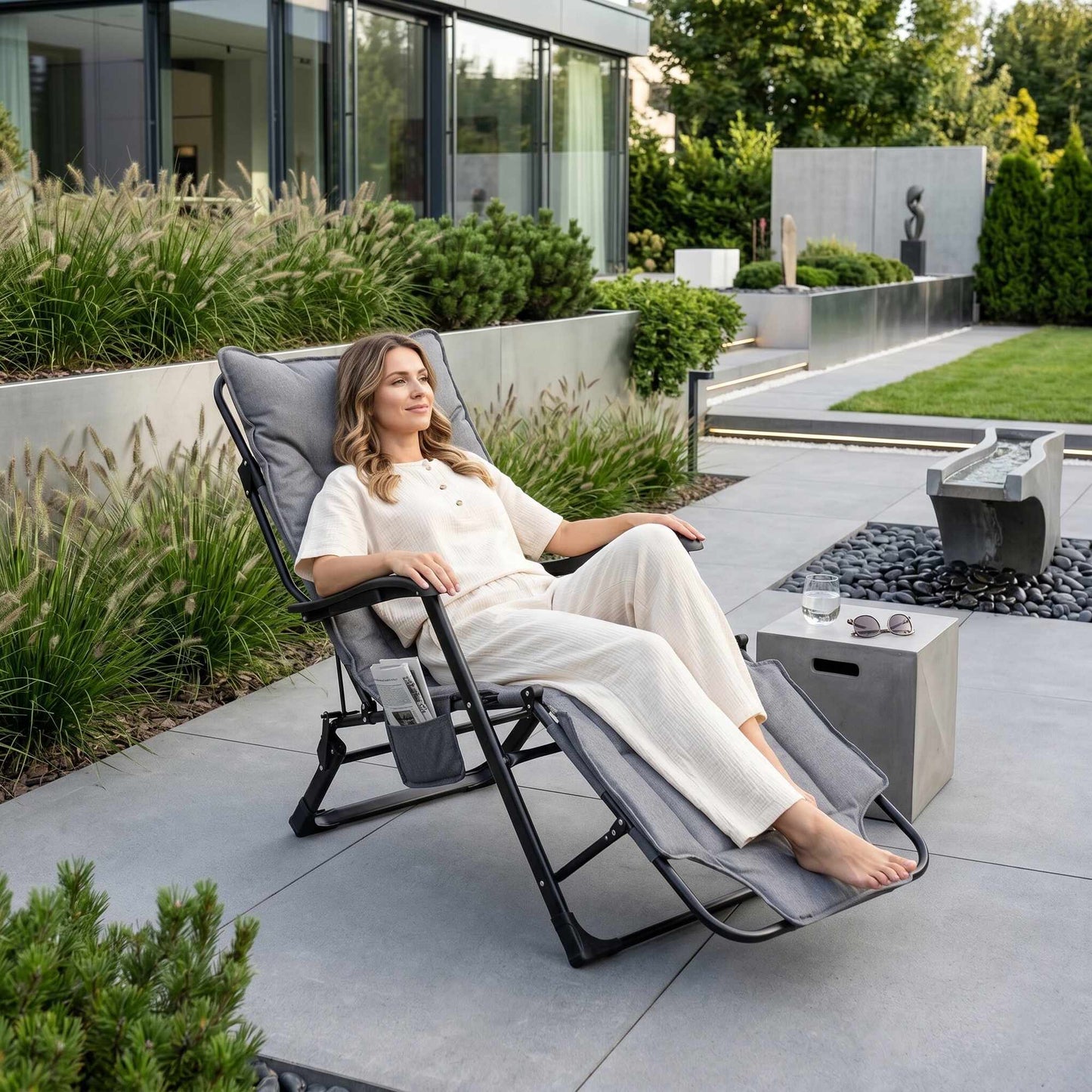 Folding Garden Lounger with Adjustable Footrest, Grey