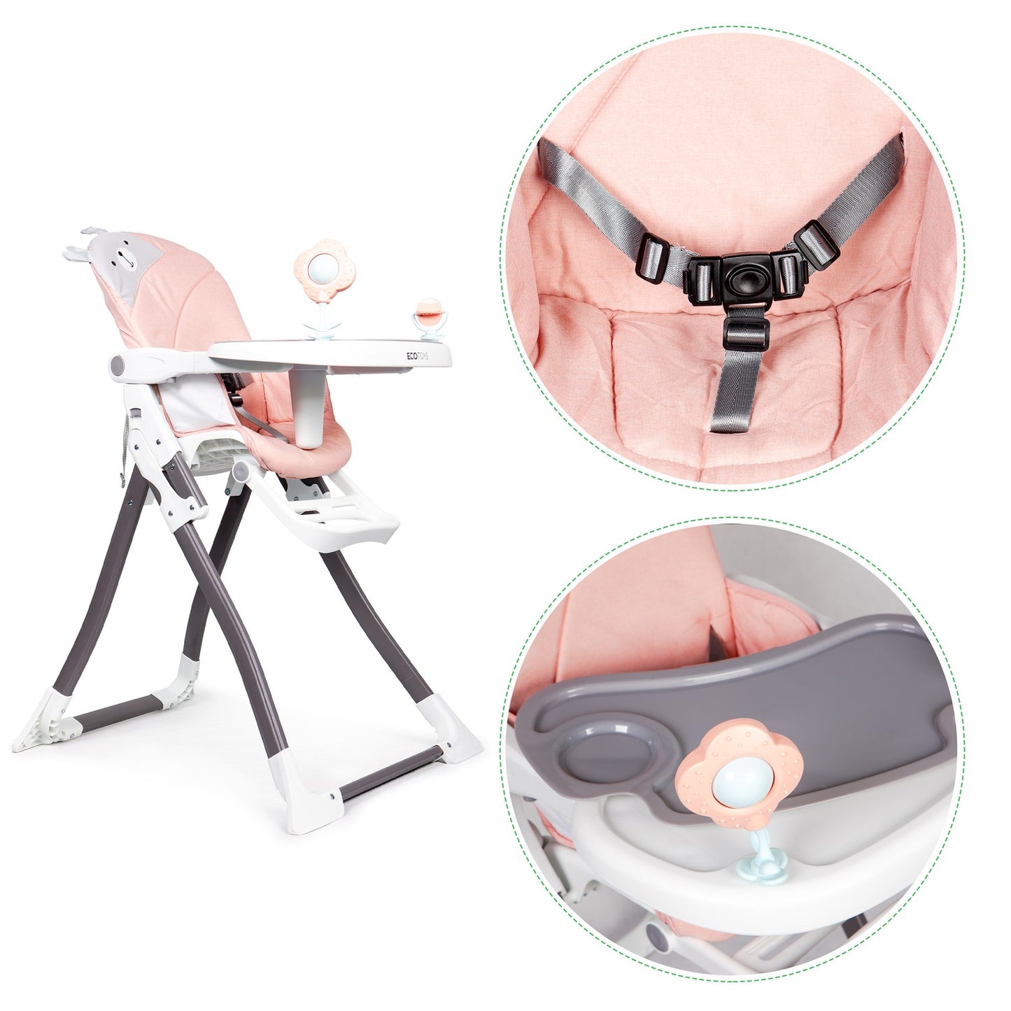 Folding High Chair with Adjustable Tray and Safety Belts