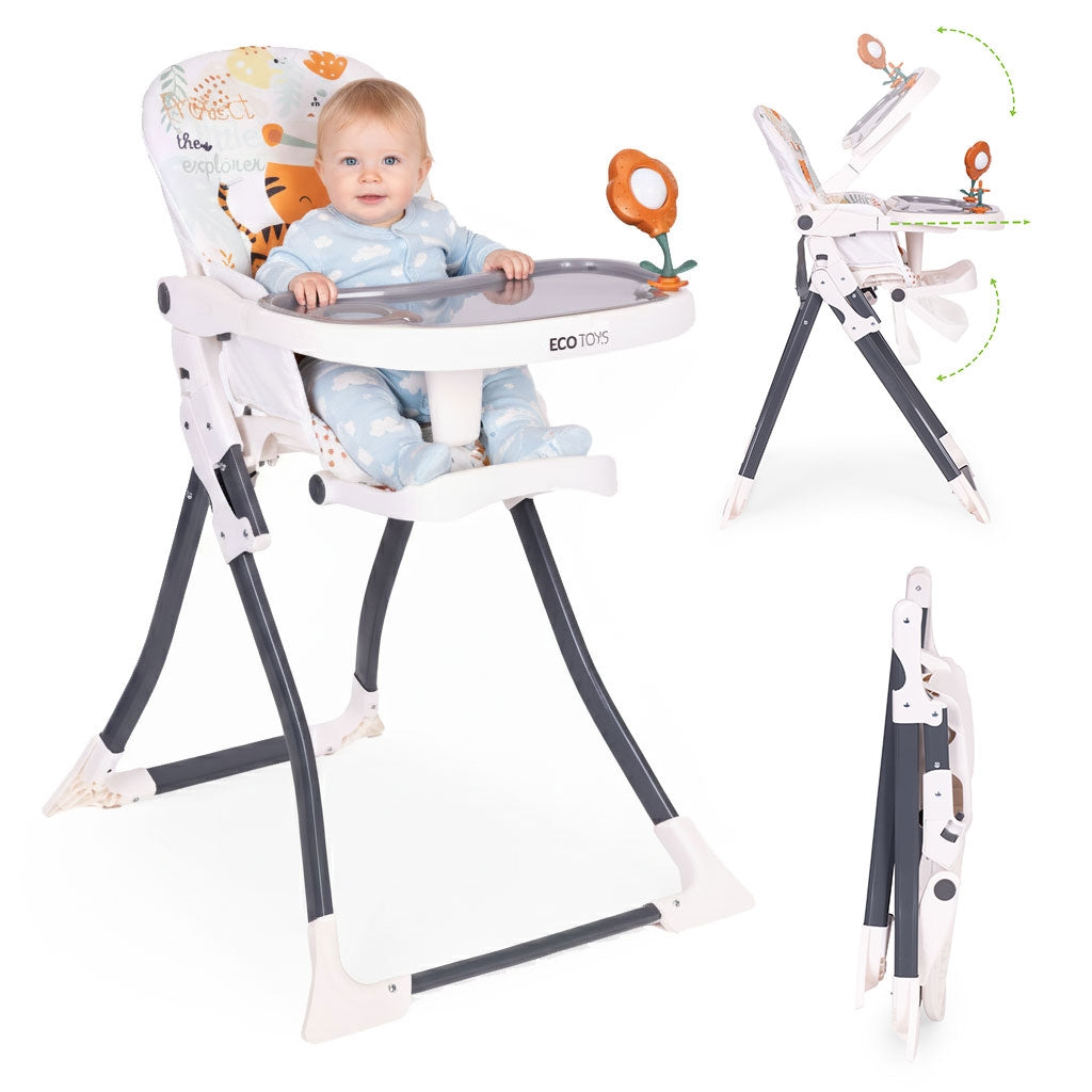 Folding High Chair with Toys, Adjustable Tray & Harness