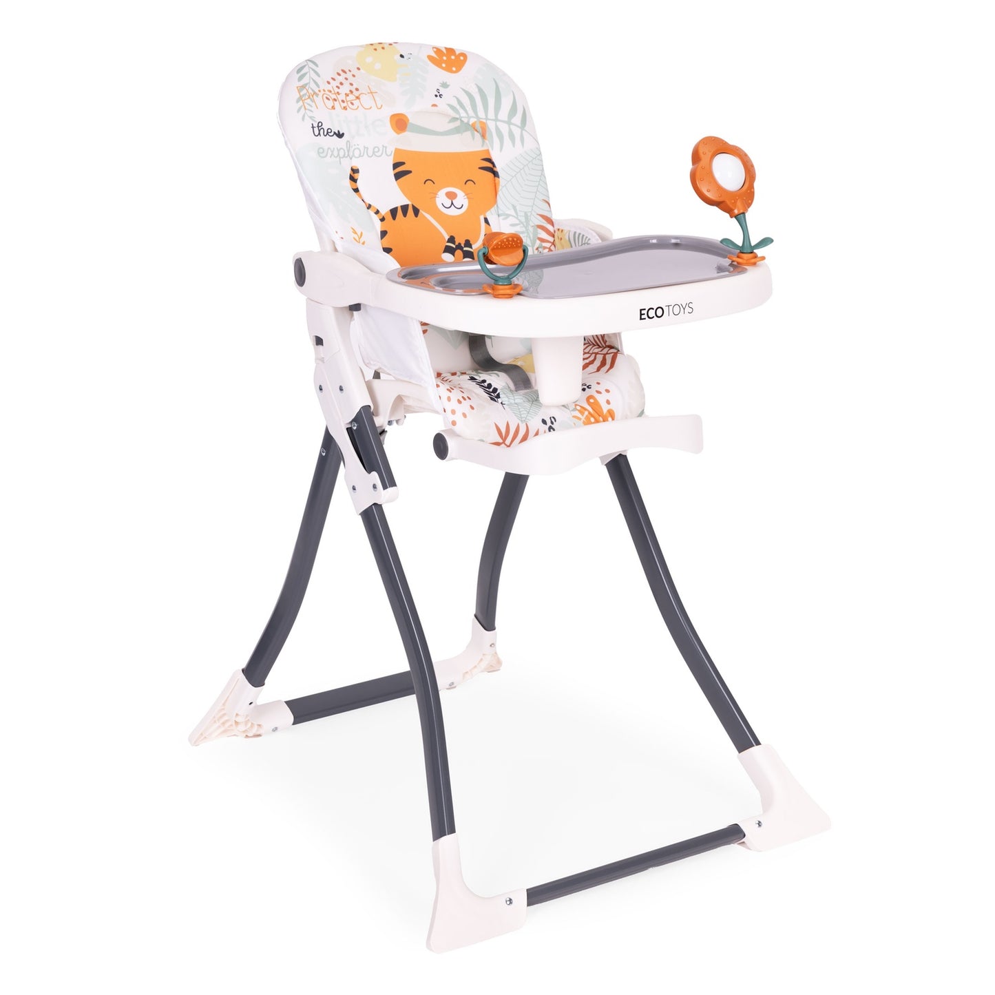 Folding High Chair with Toys, Adjustable Tray & Harness
