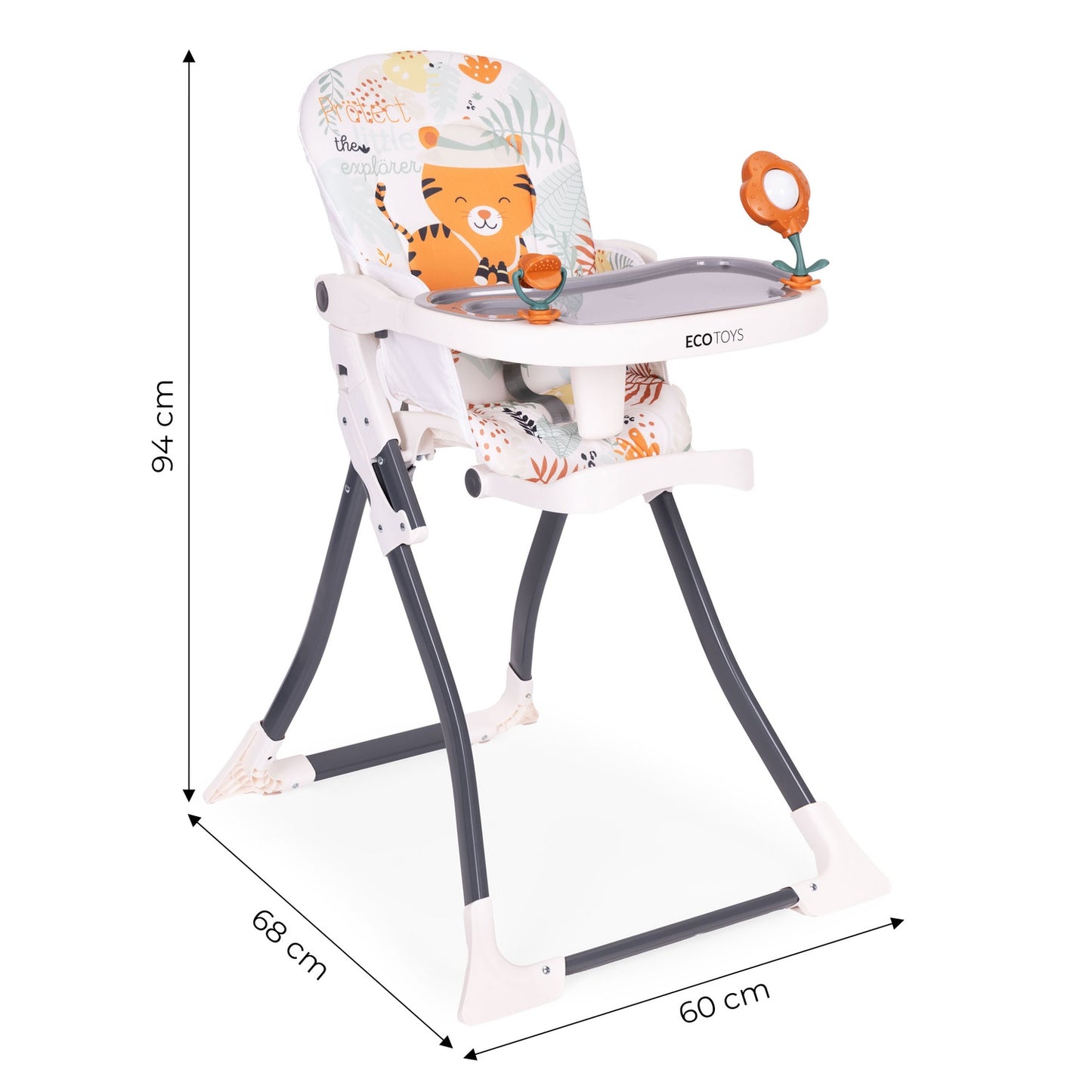 Folding High Chair with Toys, Adjustable Tray & Harness