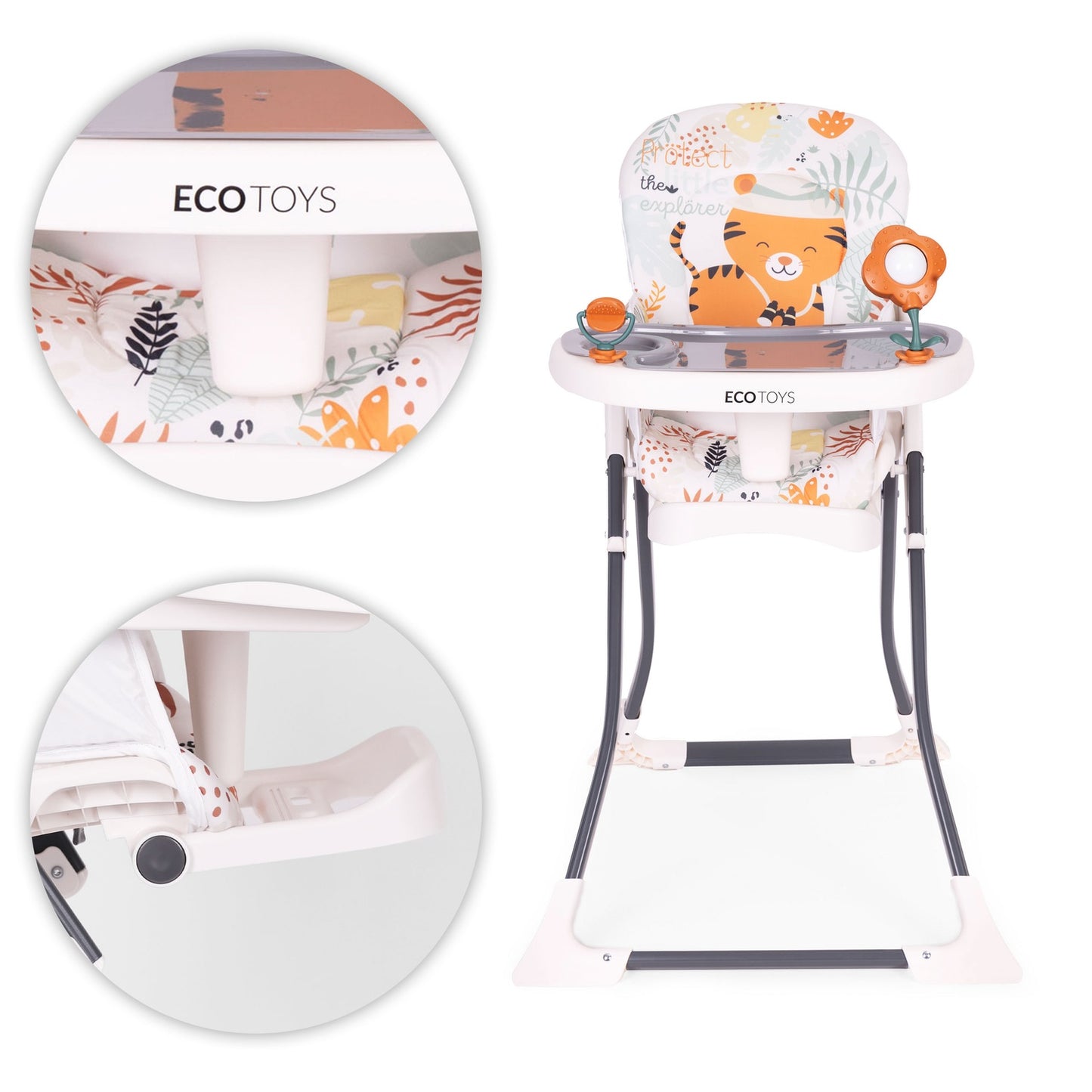 Folding High Chair with Toys, Adjustable Tray & Harness