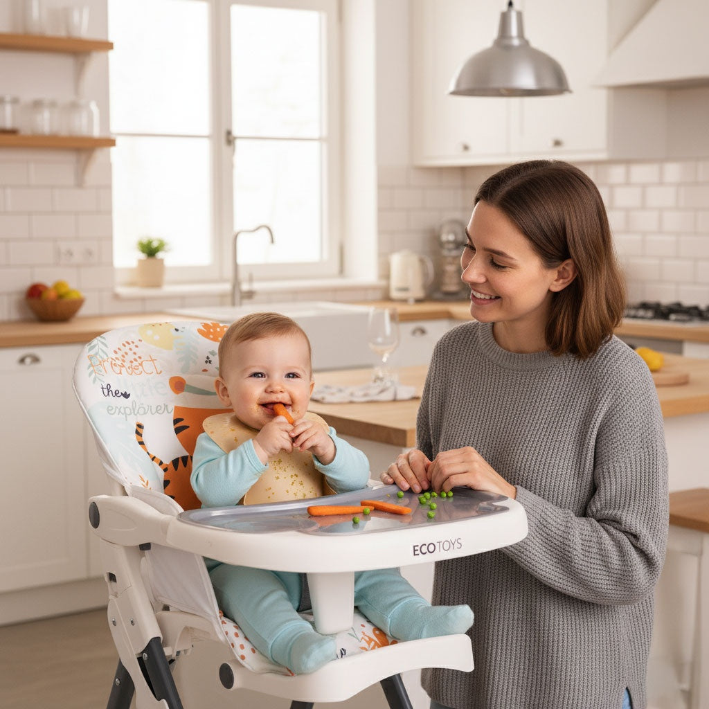 Folding High Chair with Toys, Adjustable Tray & Harness
