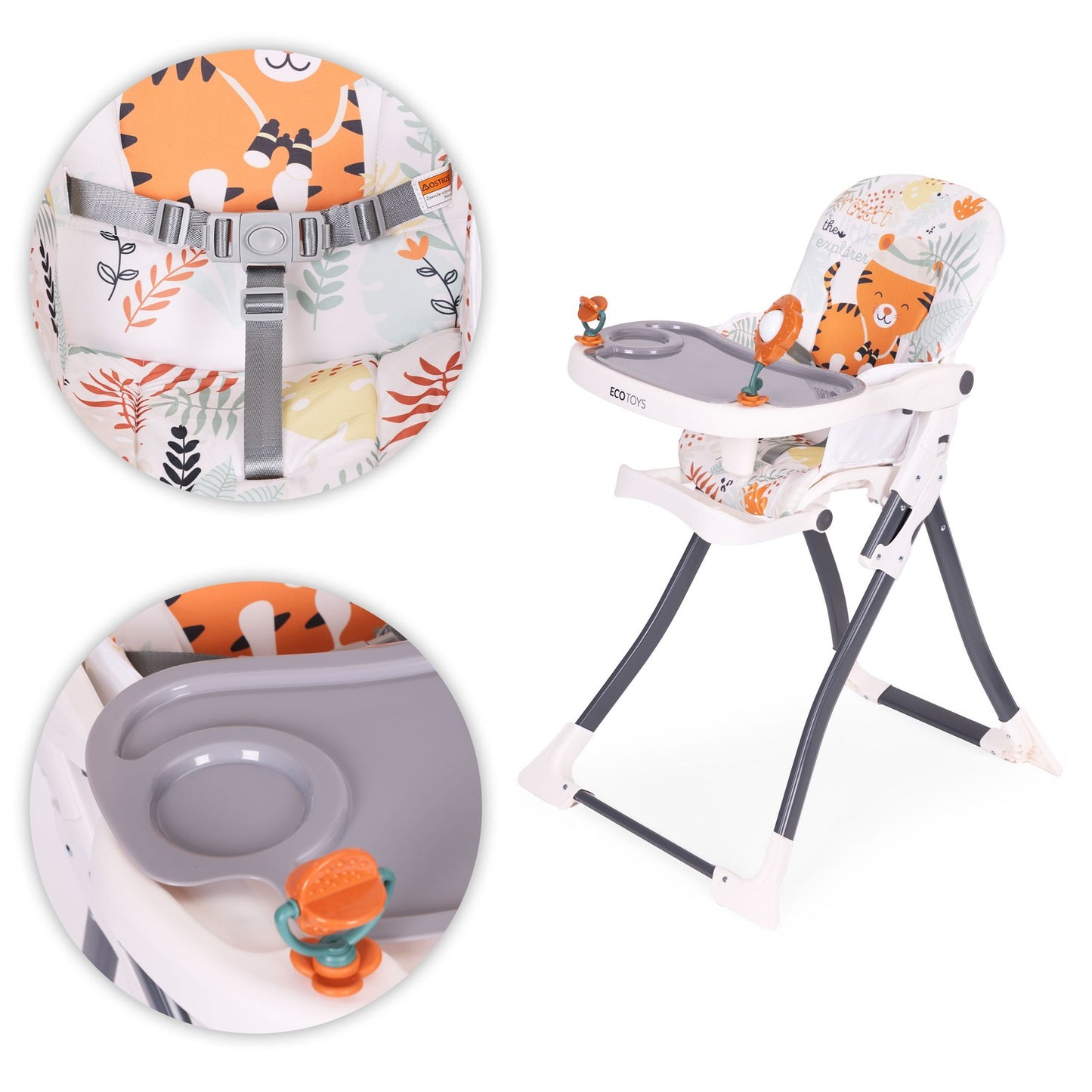 Folding High Chair with Toys, Adjustable Tray & Harness