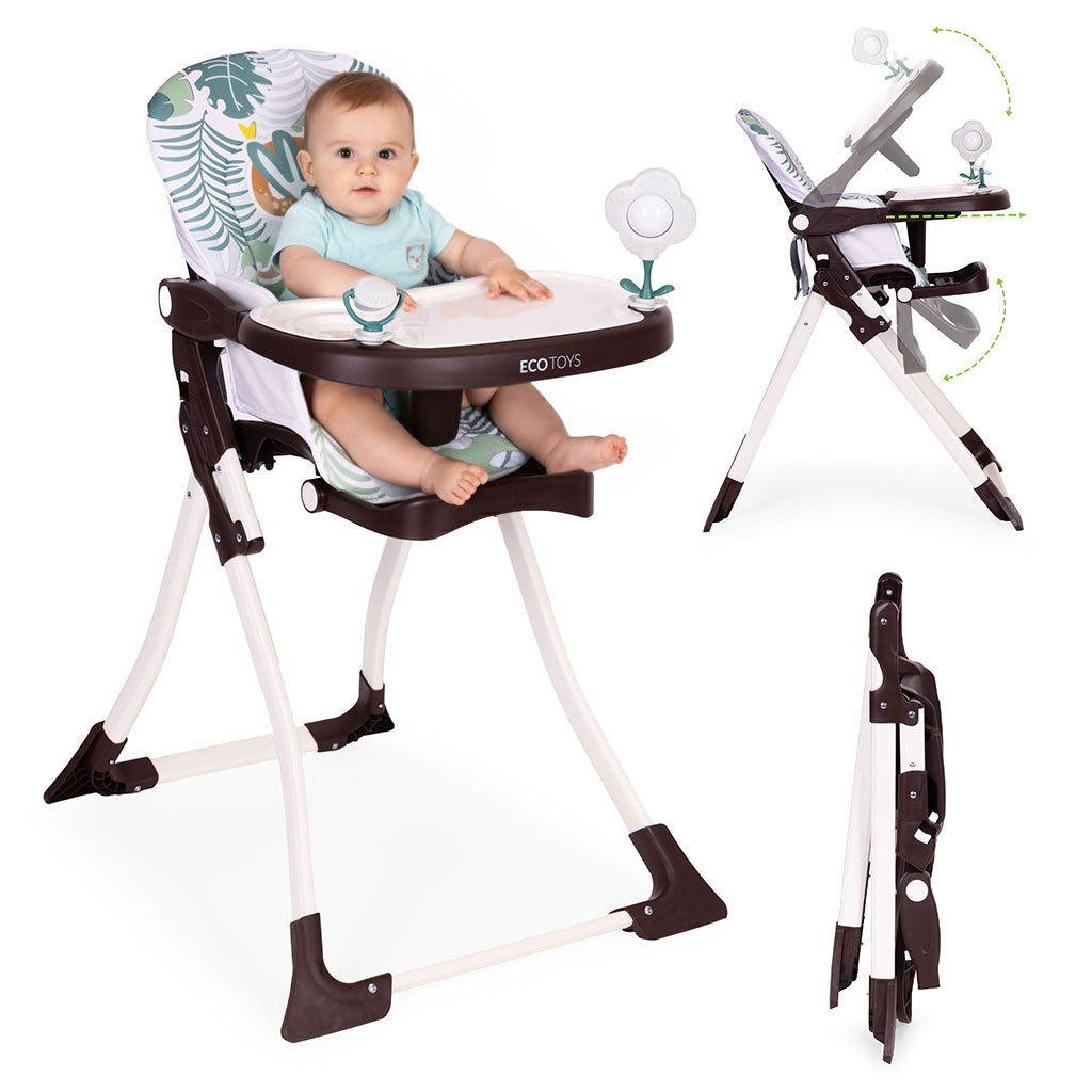 Folding High Chair with Toys, Adjustable Tray & Safety Harness