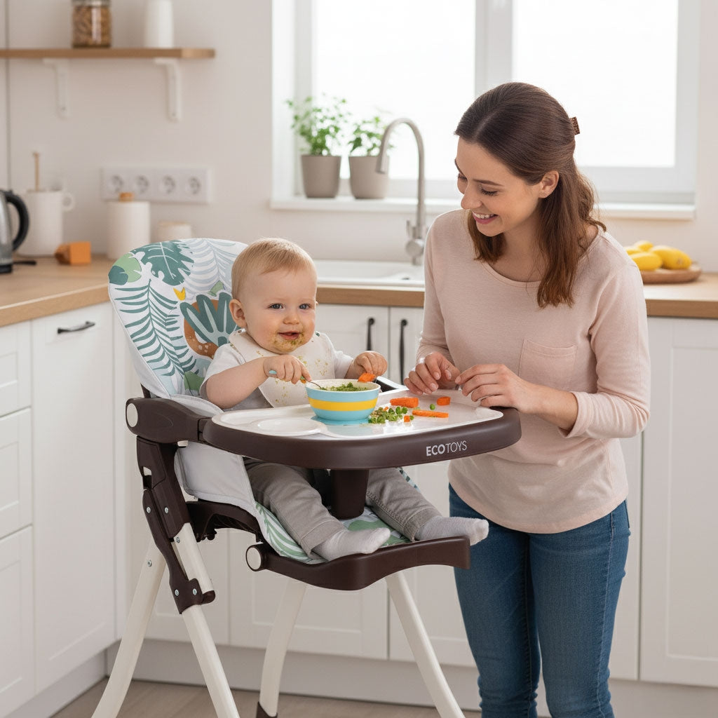 Folding High Chair with Toys, Adjustable Tray & Safety Harness