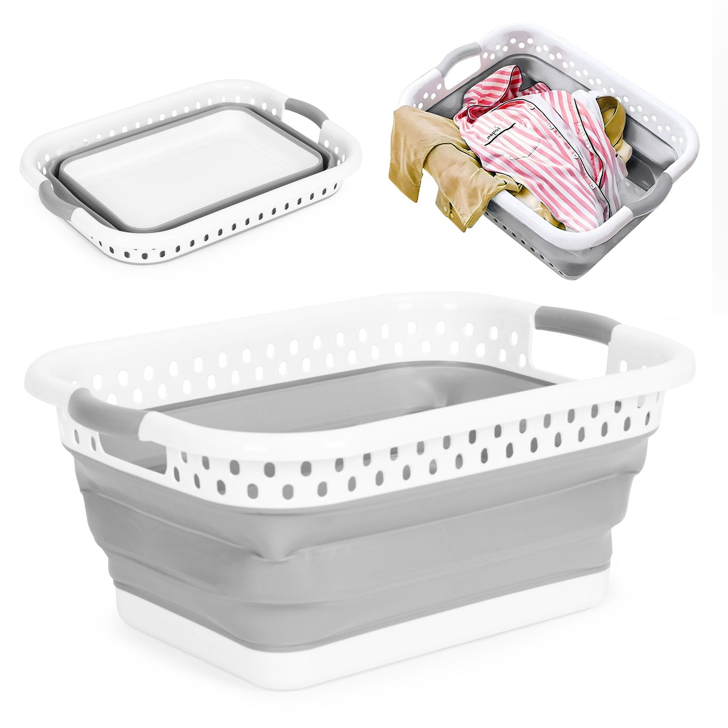 Folding Laundry Basket Silicone Basin White-Grey 20L by ModernHome