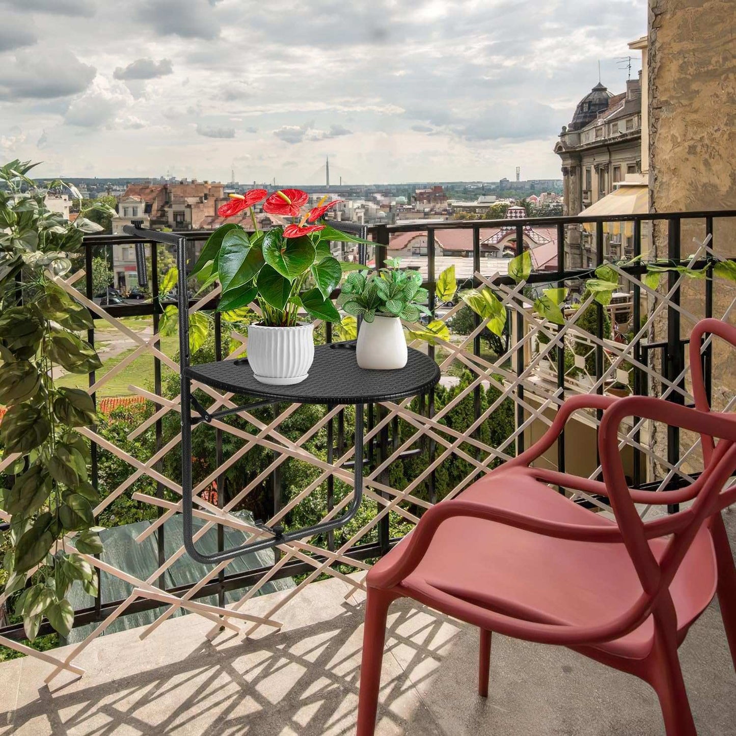 Folding balcony table, suspended on a railing, black