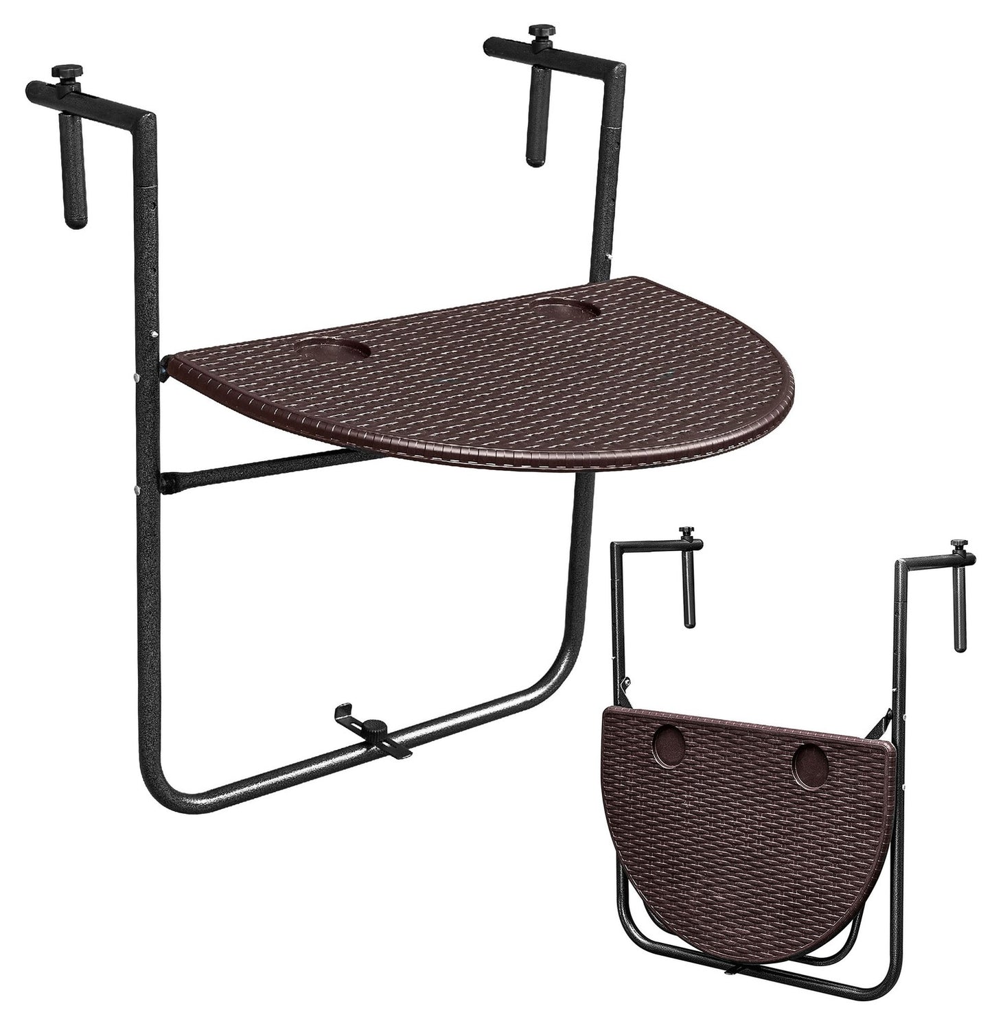 Folding balcony table, suspended on a railing, brown