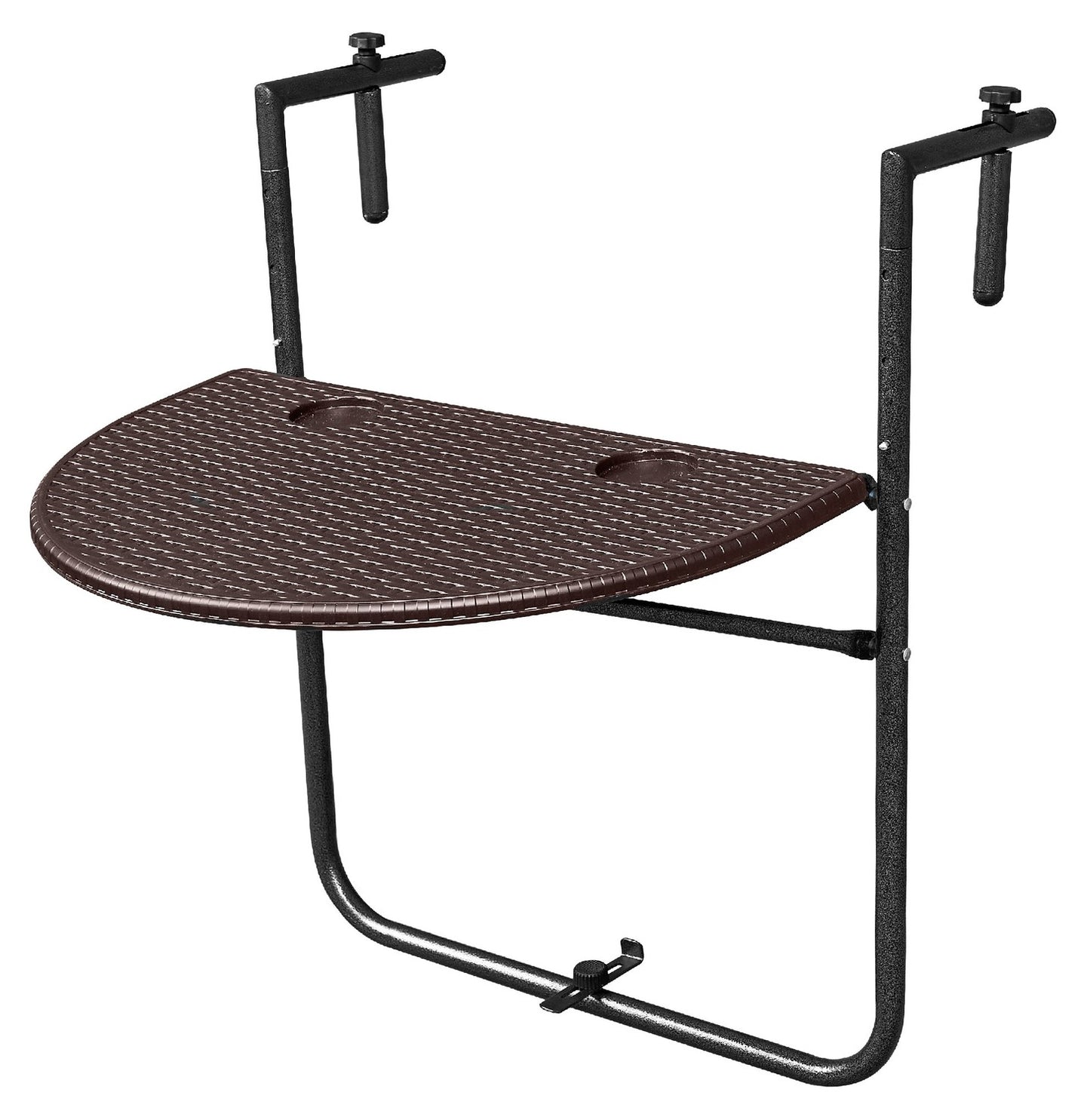 Folding balcony table, suspended on a railing, brown