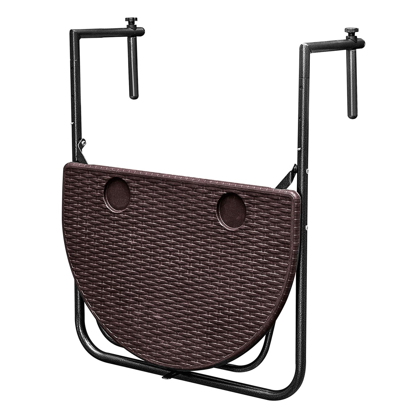 Folding balcony table, suspended on a railing, brown