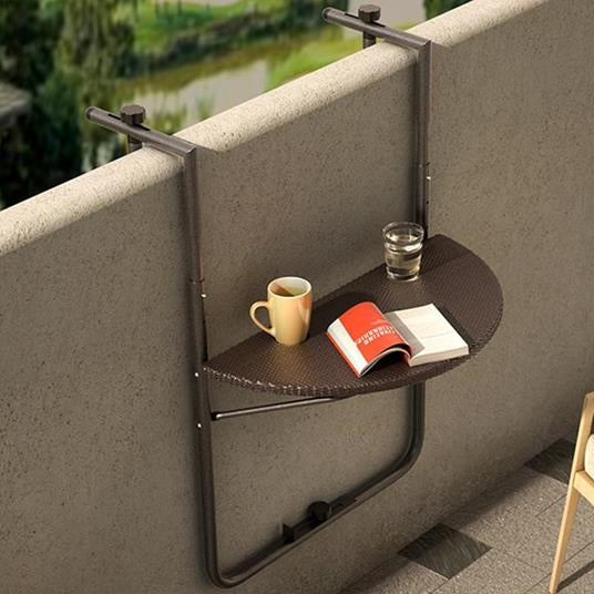 Folding balcony table, suspended on a railing, brown
