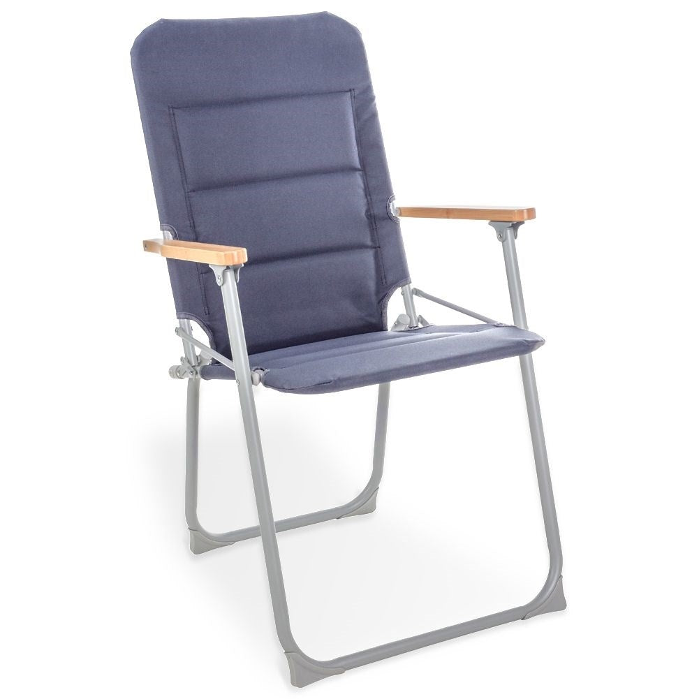 Folding camping chair with metal frame and bamboo armrests