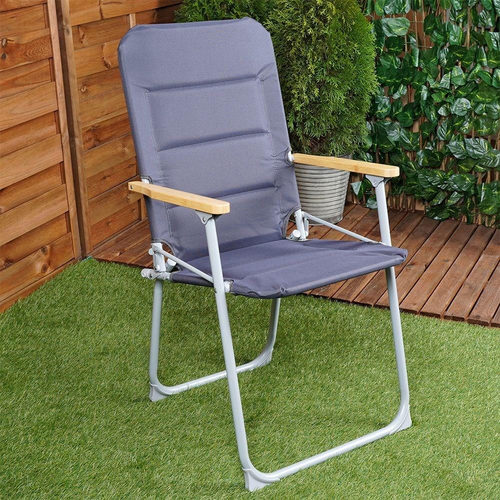 Folding camping chair with metal frame and bamboo armrests