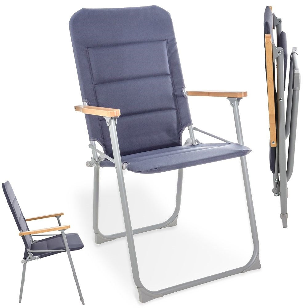 Folding camping chair with metal frame and bamboo armrests