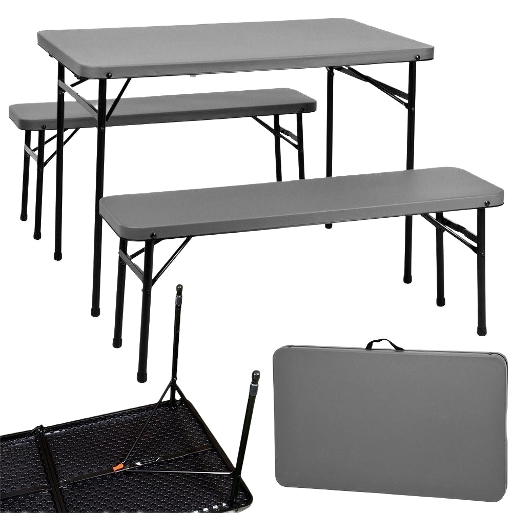 Folding camping furniture set: table & two benches, dark grey
