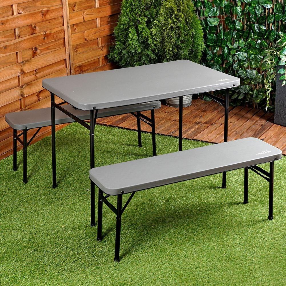 Folding camping furniture set: table & two benches, dark grey