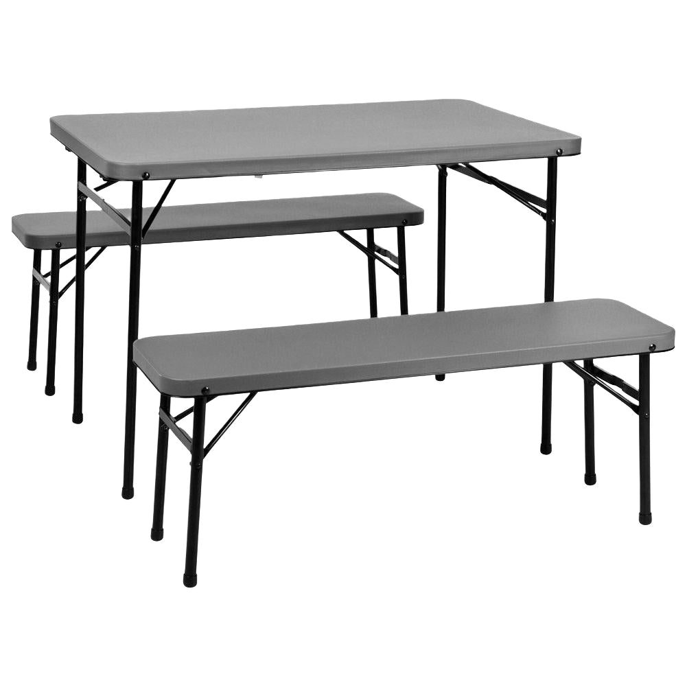 Folding camping furniture set: table & two benches, dark grey