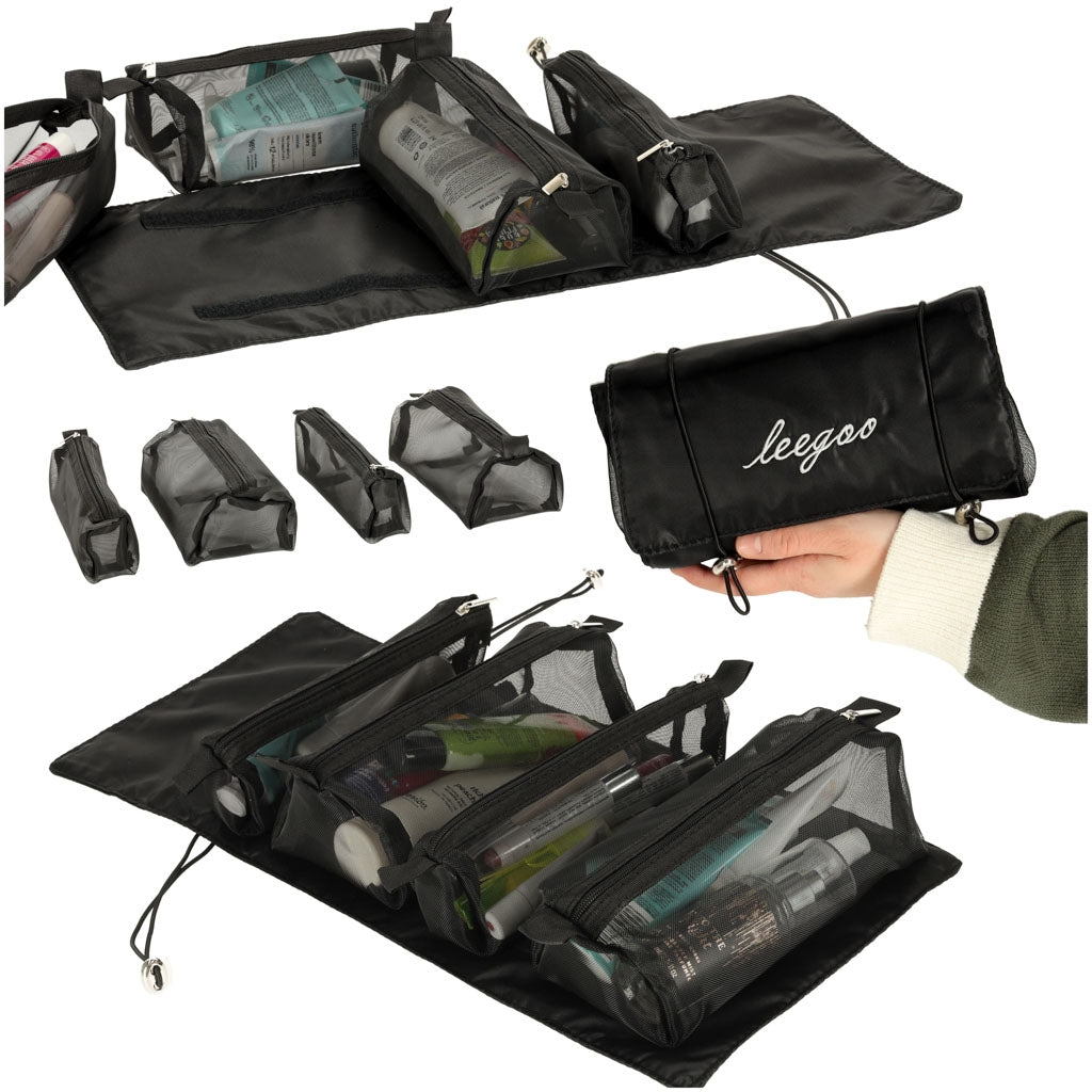 Folding cosmetic bag travel detachable roll-up 4in1 large capacity portable black
