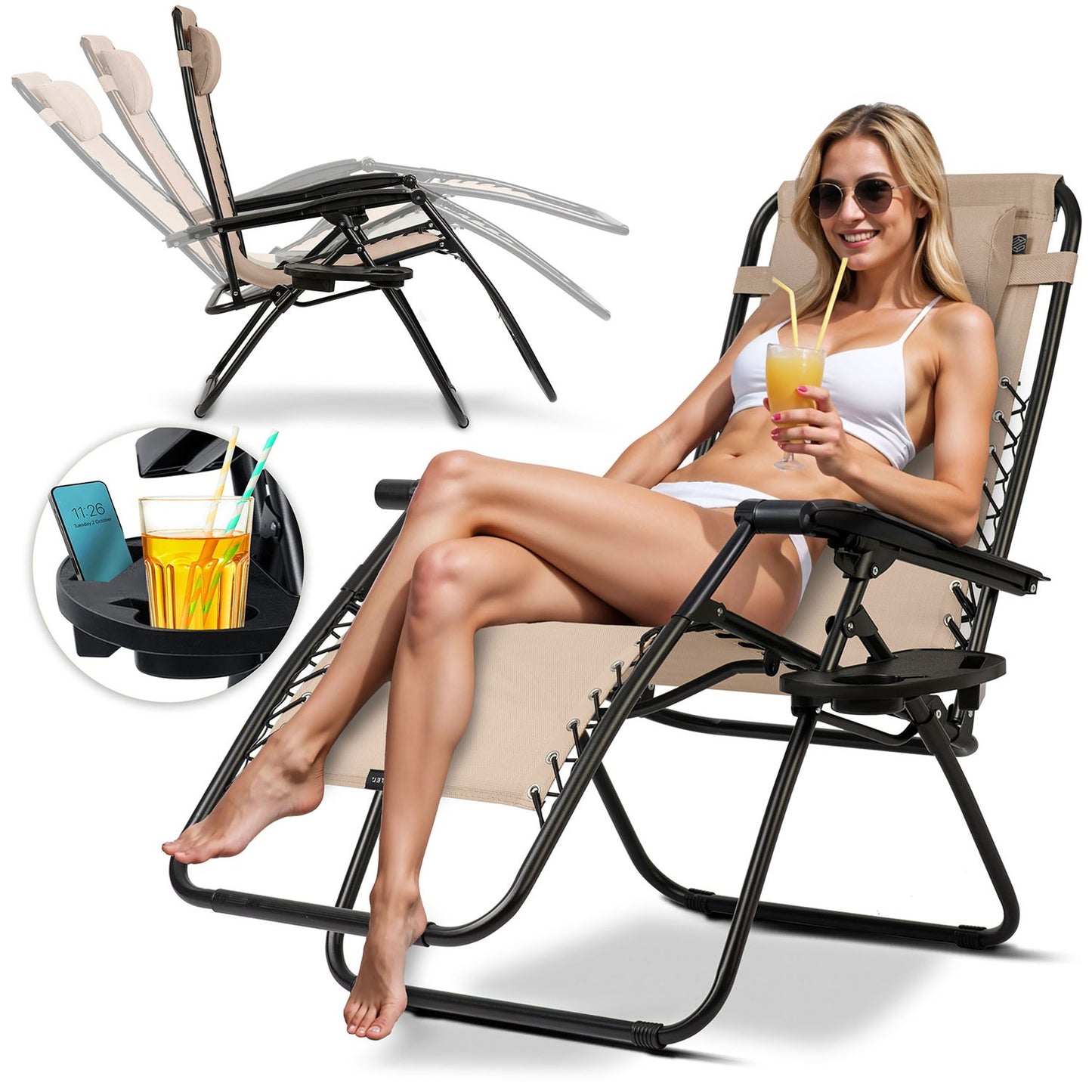 Folding garden lounger with cushion Sofotel ChillWell beige
