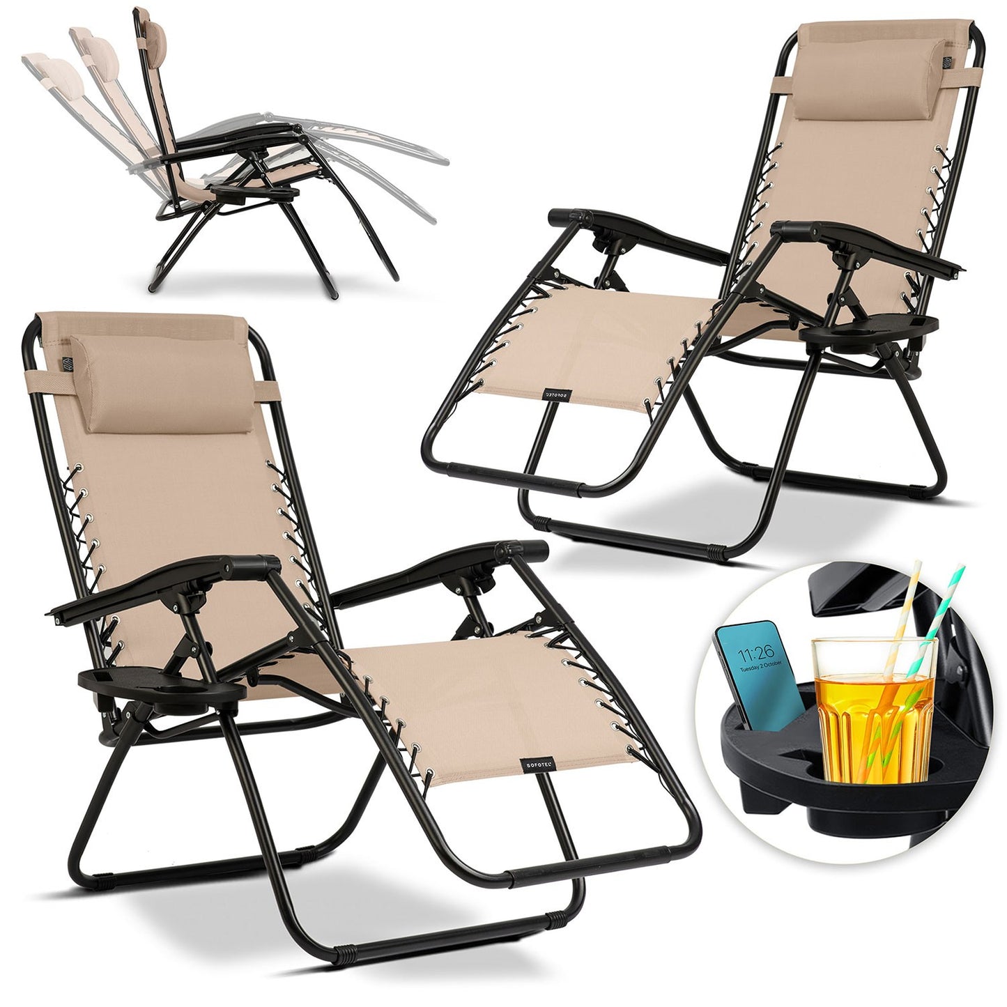 Folding garden lounger with cushion Sofotel ChillWell set of 2 beige