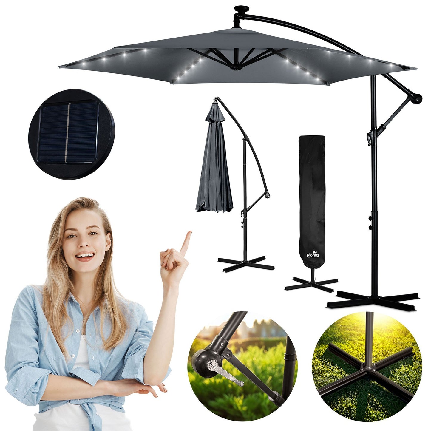 Folding garden umbrella 6 segments 350 cm with cover and lights Plonos PL-882