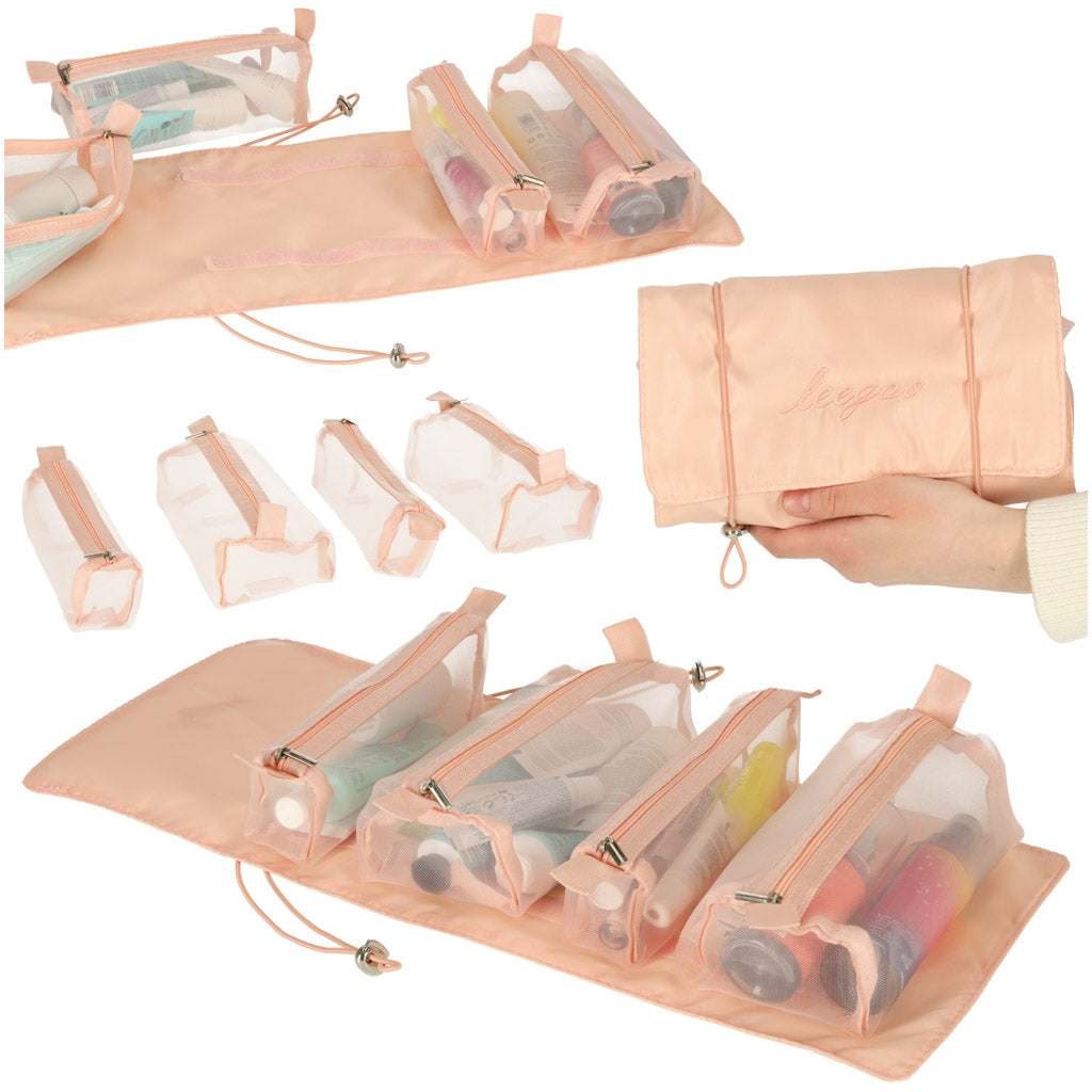 Folding travel cosmetic bag detachable roll-up 4in1 large capacity portable pink