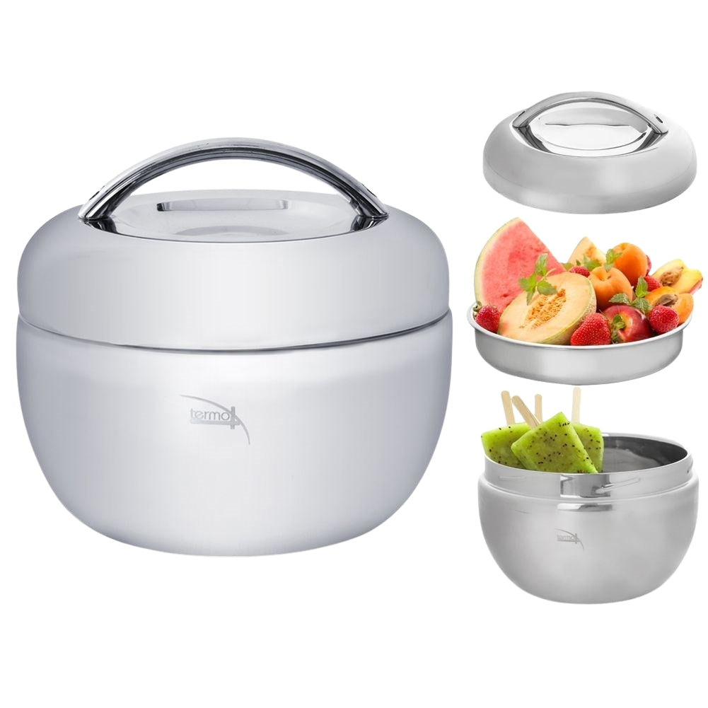 Food Thermos in Stainless SteelDiscover our high-quality mat thermos made of stainless steel. This thermos keeps your food warm for up to two hours, making it perfect for lunch on the go. Inside is an extra steel bowl, ideal for soup or other dishes.