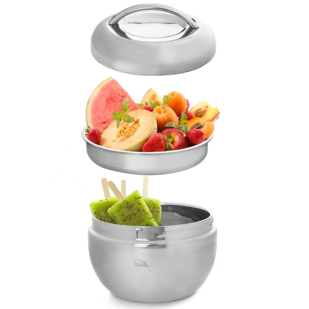 Food container in stainless steel with extra bowl, keeps the heat