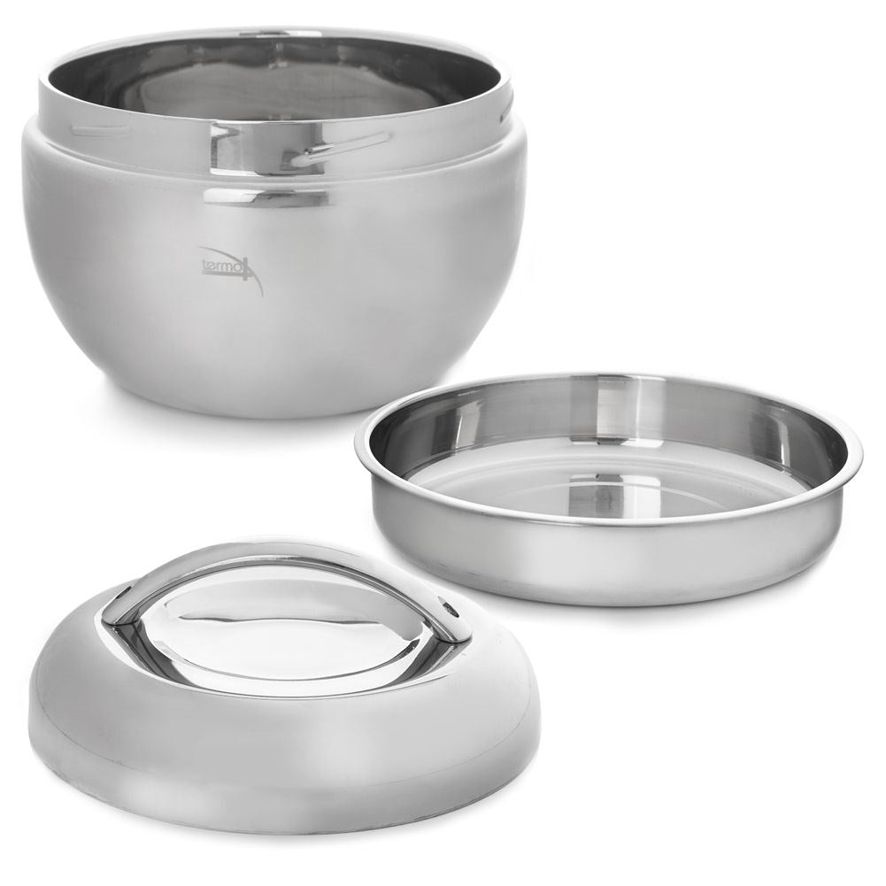 Food container in stainless steel with extra bowl, keeps the heat