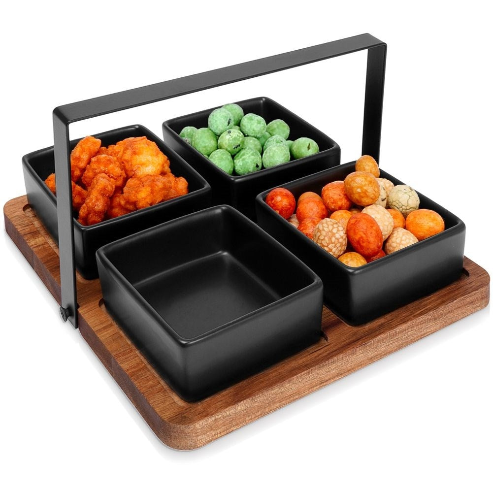 Four Bowls on Acacia Tray: Perfect for Snacks and Dips