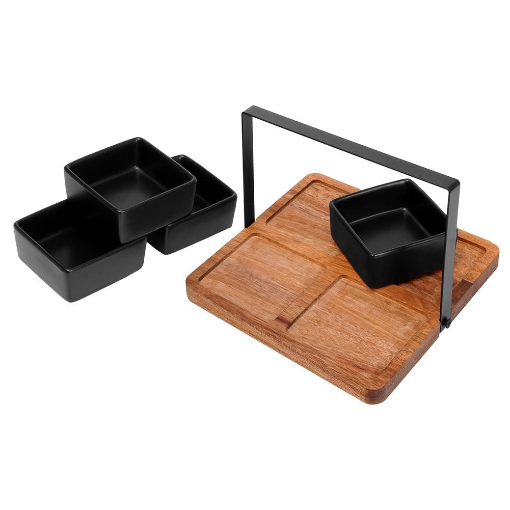 Four Bowls on Acacia Tray: Perfect for Snacks and Dips
