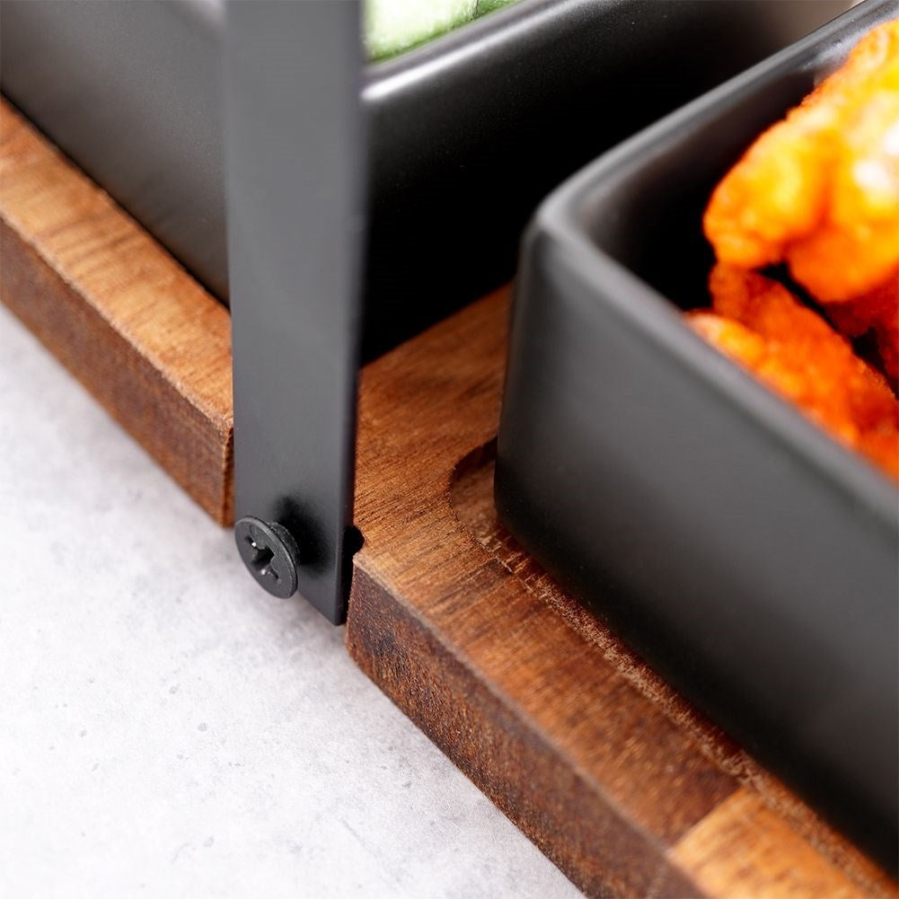 Four Bowls on Acacia Tray: Perfect for Snacks and Dips