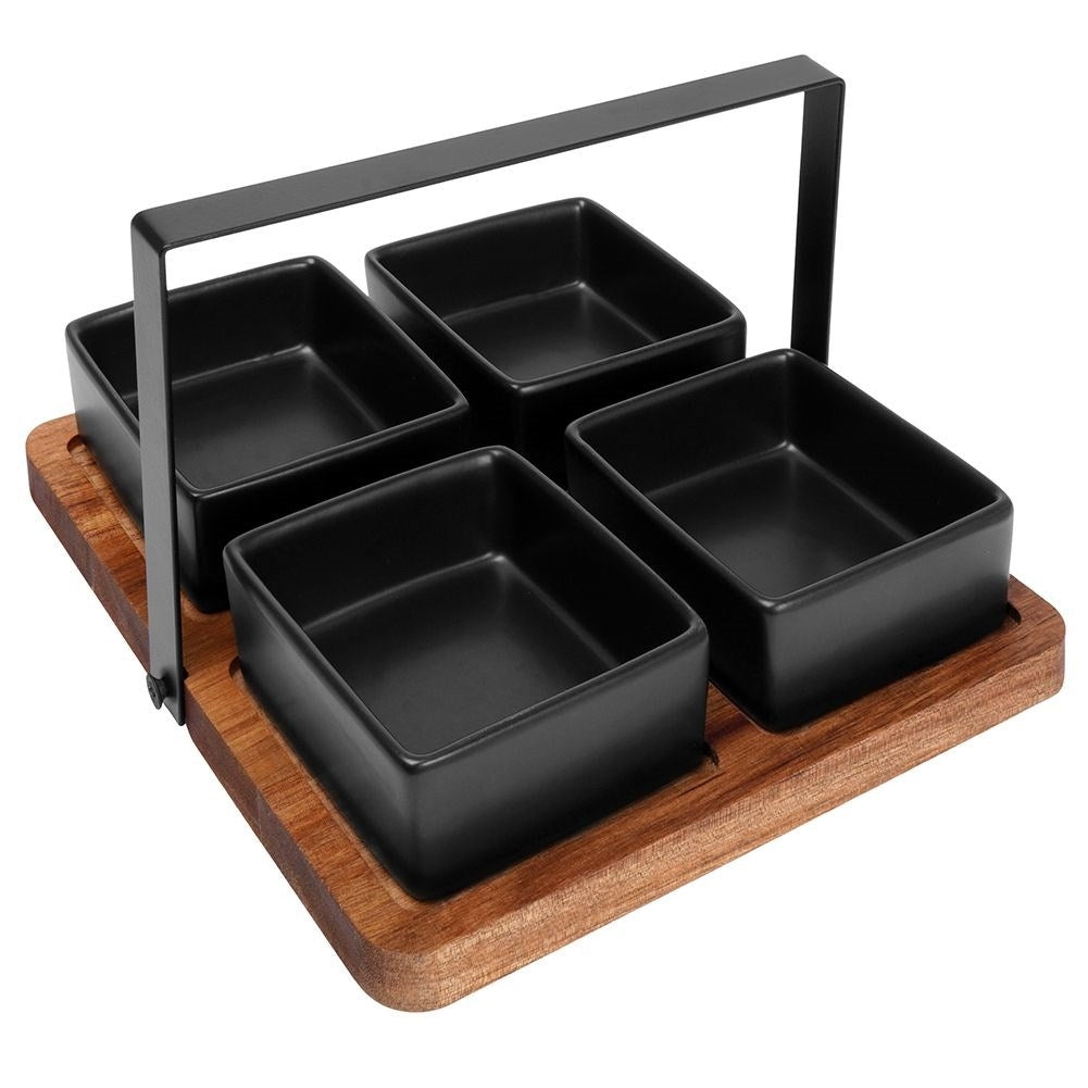 Four Bowls on Acacia Tray: Perfect for Snacks and Dips