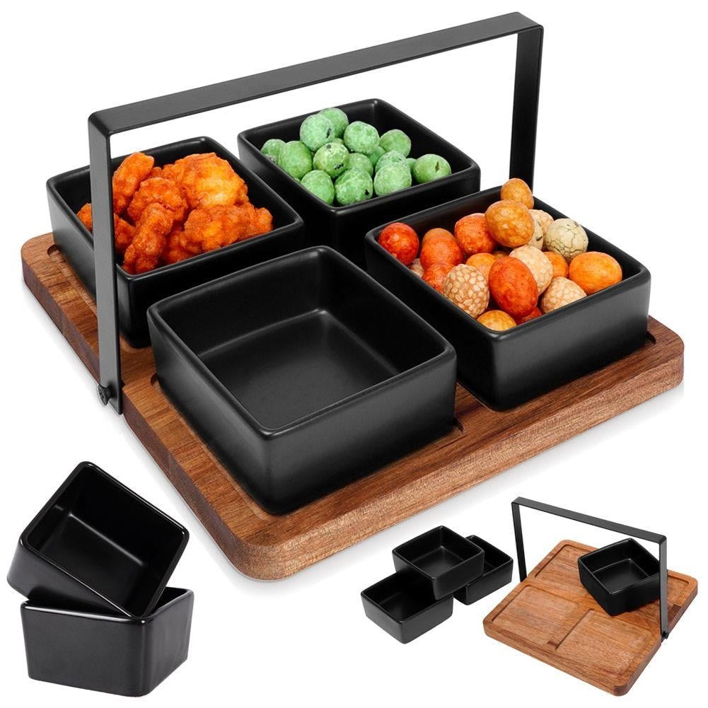 Four Bowls on Acacia Tray: Perfect for Snacks and Dips