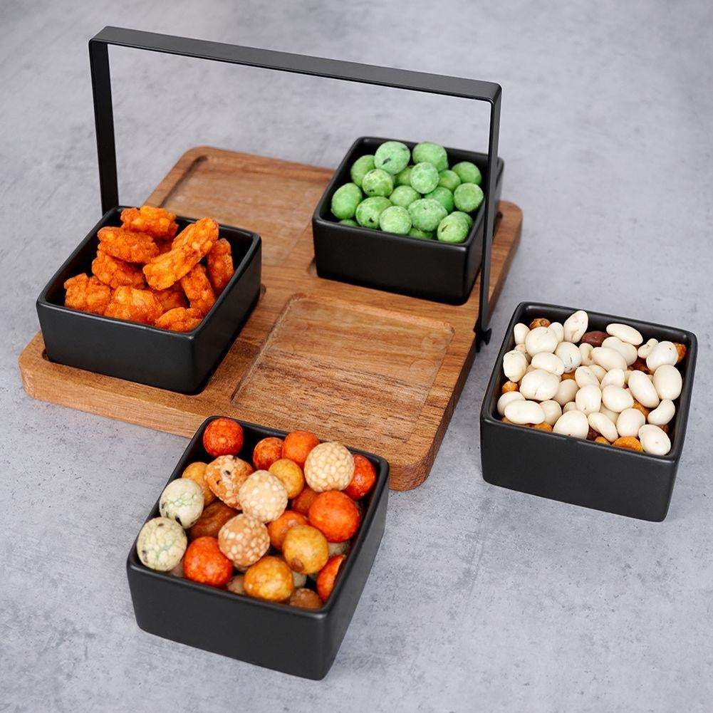 Four Bowls on Acacia Tray: Perfect for Snacks and Dips