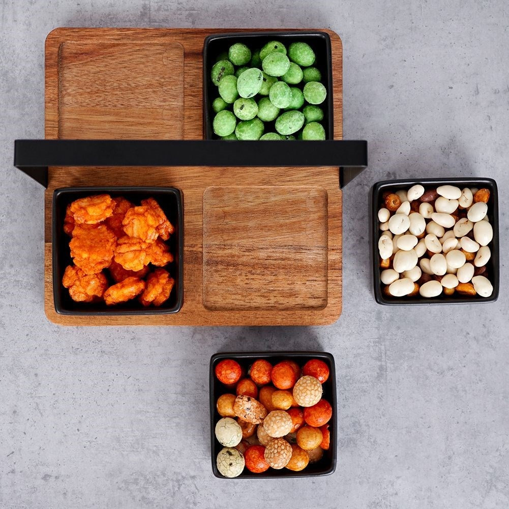 Four Bowls on Acacia Tray: Perfect for Snacks and Dips